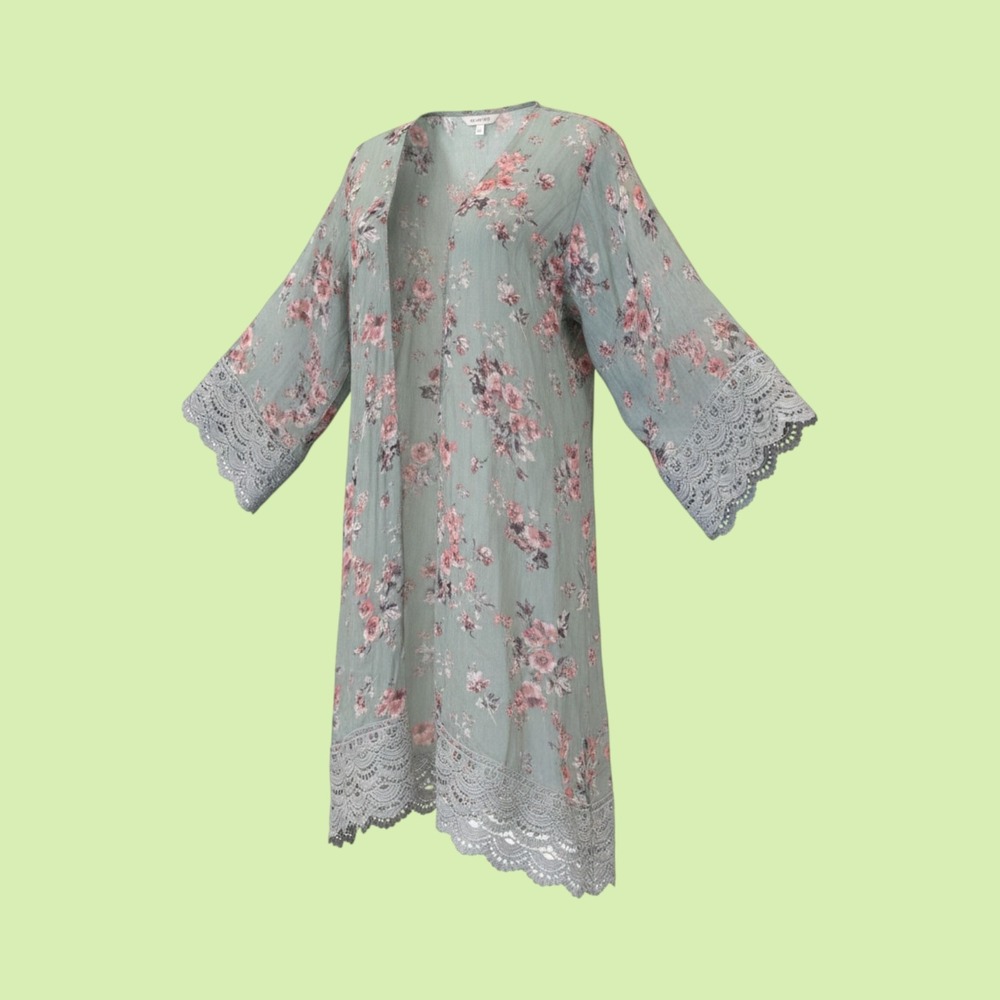 Rewind Floral Kimono Womens L Sage Green Excellent Crochet Lace Trim NKW49246PE